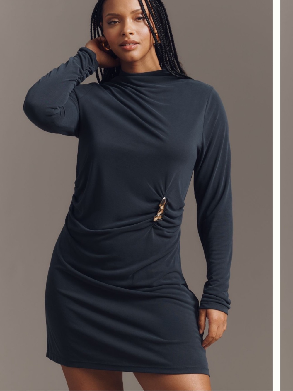 By Anthropologie Long Sleeve Gathered Mini Dress in Black Onyx NWT